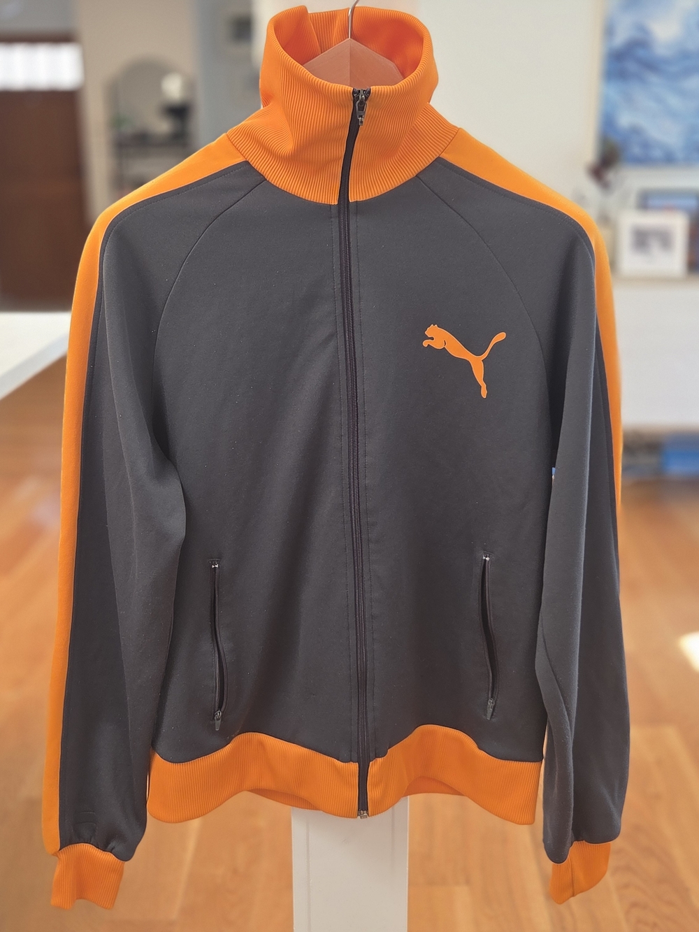 Puma Men’s Black and Orange Retro Performance Track Jacket W/ Large Logo (L)